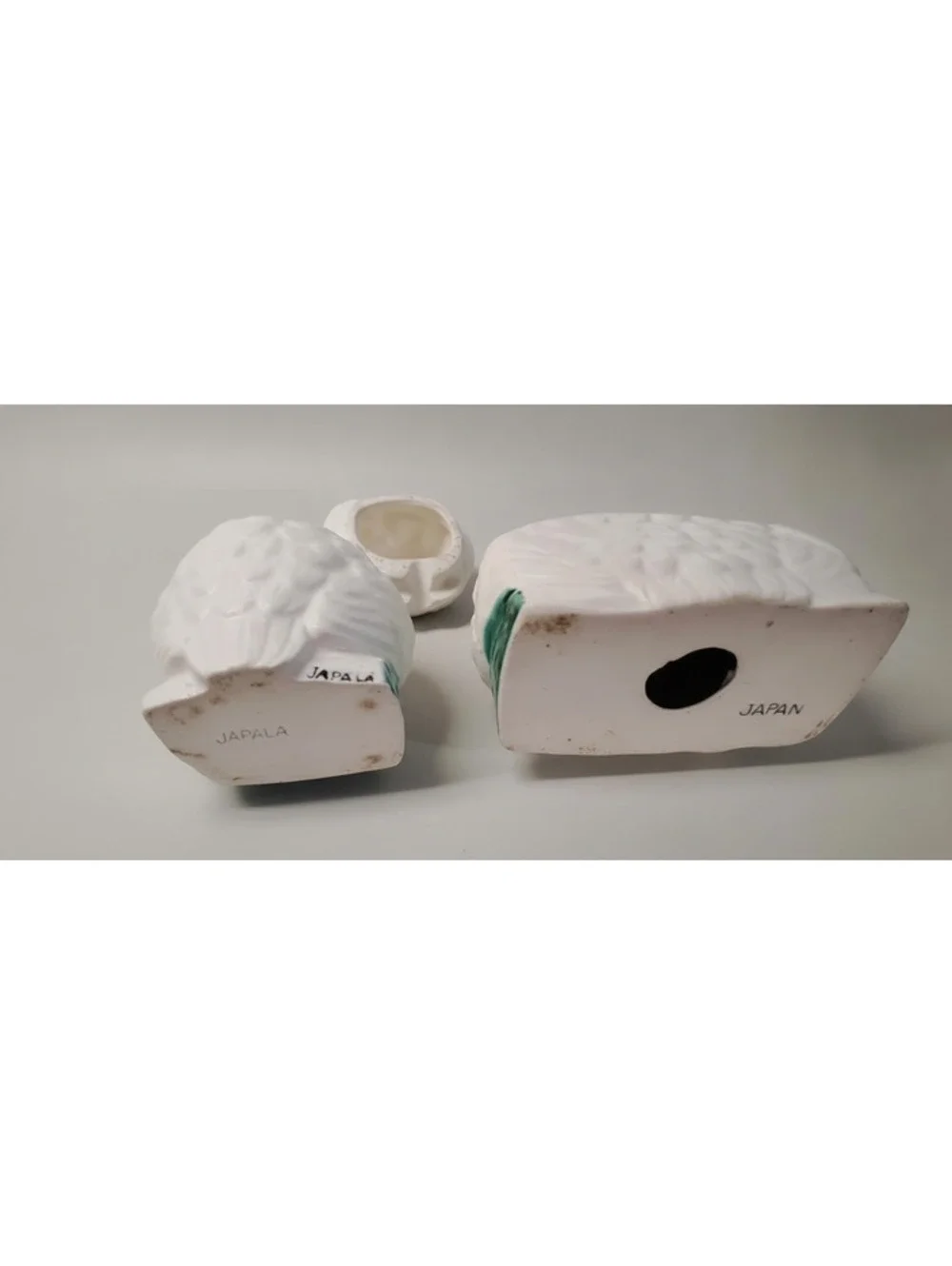Vintage Set of Enesco Japanese Owls White Ceramic Condiment Bowl & Napkin Holder